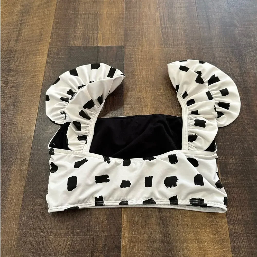 Albion Fit Black White Ruffle Strap Bikini Top Polka Dot Swim Top Size Small - Picture 5 of 9
